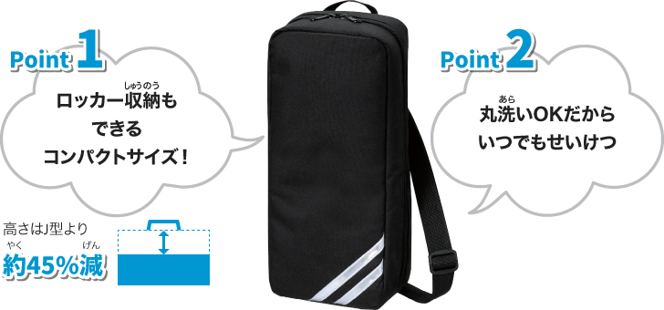 Point1 ロッカー収納もできるコンパクトサイズ！　高さはJ型より約45%減/Point2 丸洗いOKだからいつでもせいけつ