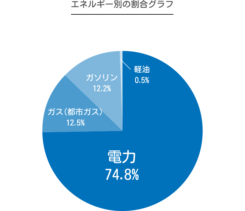 エネルギー別の割合グラフ 電力 74.8% ガス（都市ガス）12.5% ガソリン 12.2% 軽油 0.5%